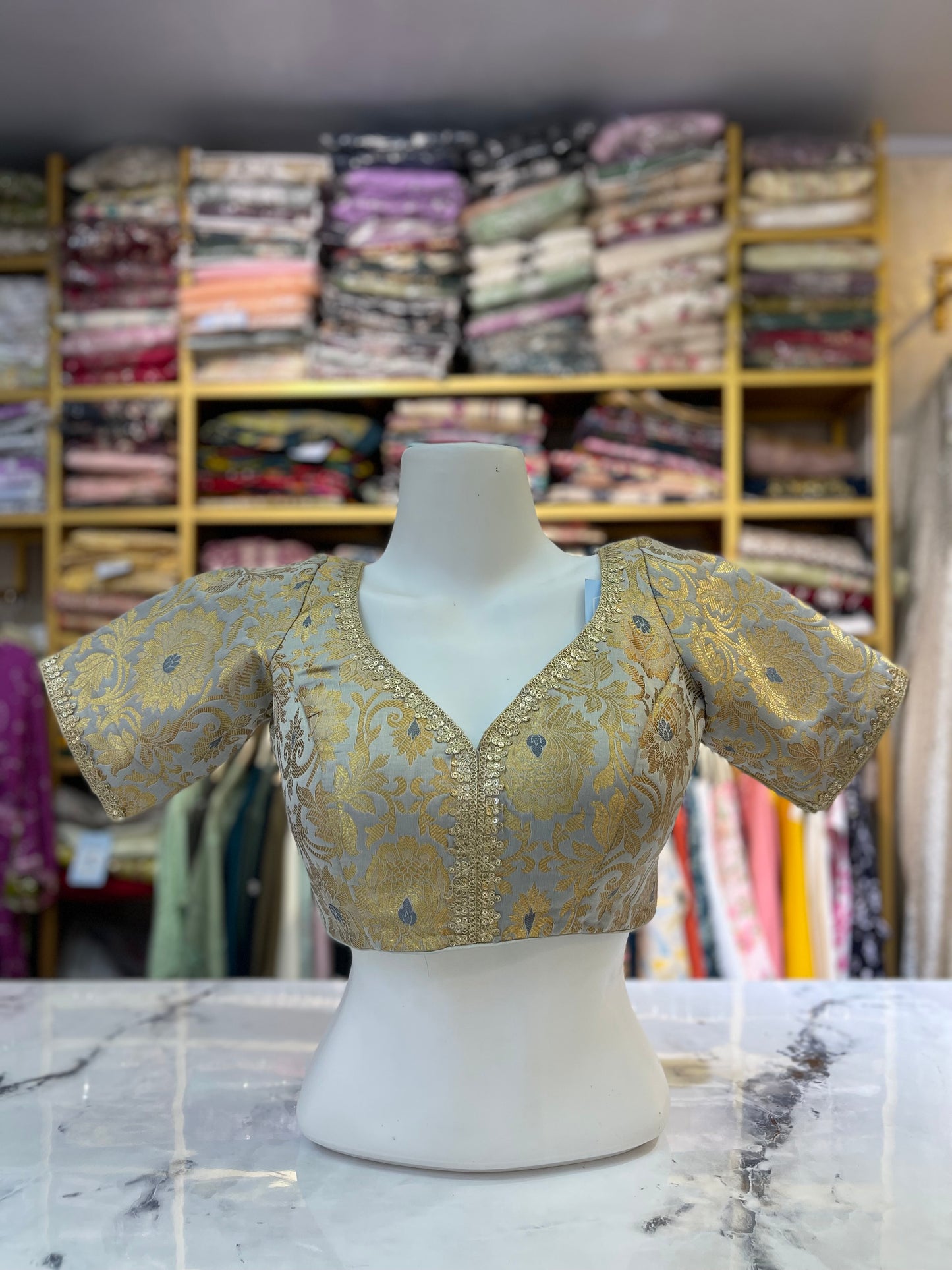 Icy Blue-Grey and Gold Brocade Elbow-Sleeve Blouse
