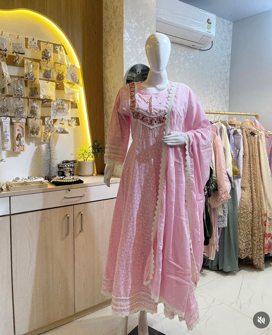 Candy Pink Floral Embroidered Anarkali Kurta with Lace Borders & Dupatta Set