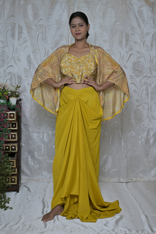 Contemporary Dhoti Skirt with Sleeveless Top & Shrug