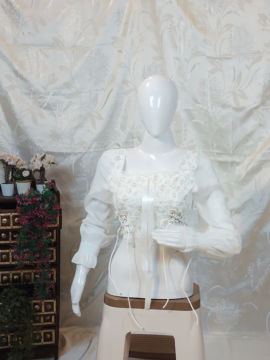 Women White Ribbed Square Neck Full Sleeve Crop Top