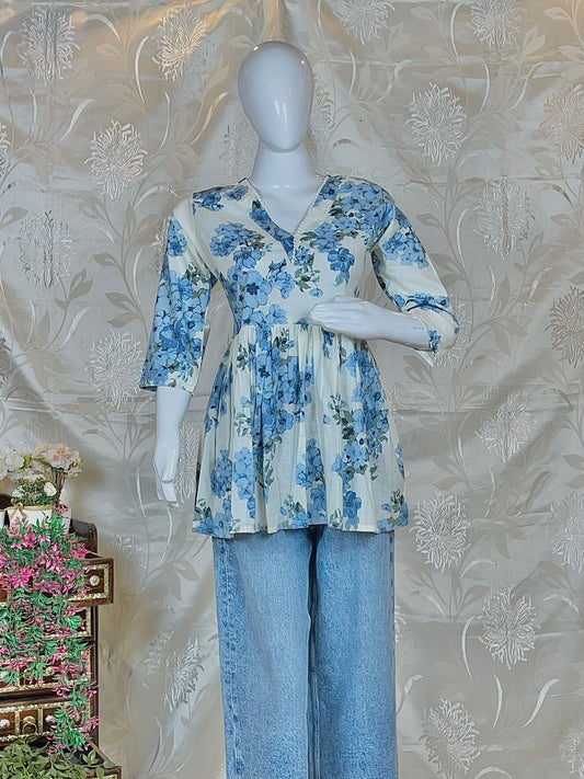 Women Blue & yellow Floral Printed  Cotton Frock-Style Kurti