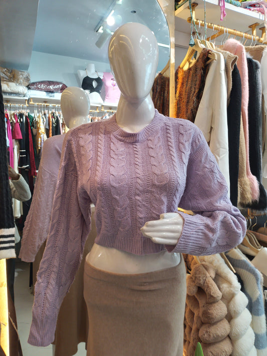 Lavender Loft" Cable Knit Crop Sweater