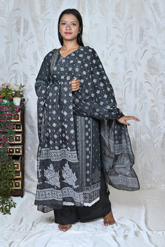 Classic Black & White Block Print Cotton Suit