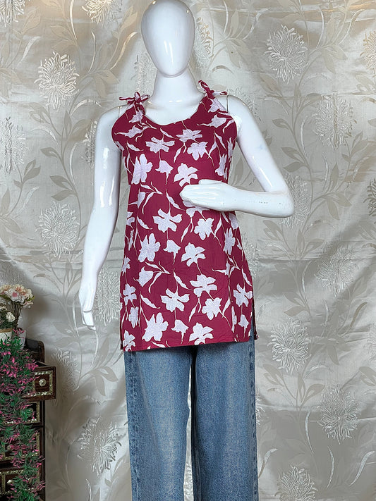 Women pink & White Floral Printed Sleeveless Short Kurti with Dori Tie-Ups