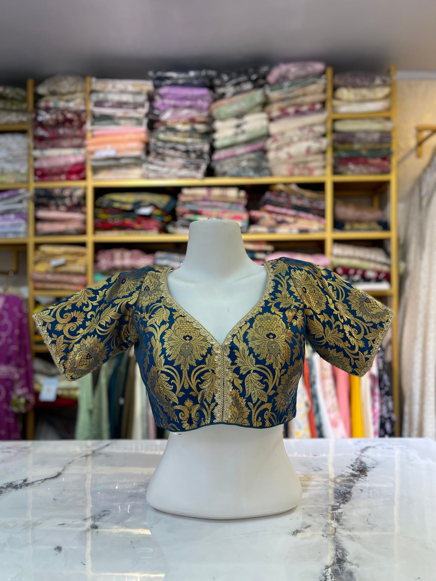 Icy Blue-Grey and Gold Brocade Elbow-Sleeve Blouse
