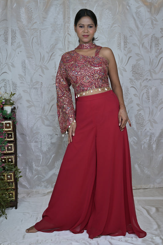 One-Sleeve Red Palazzo Set