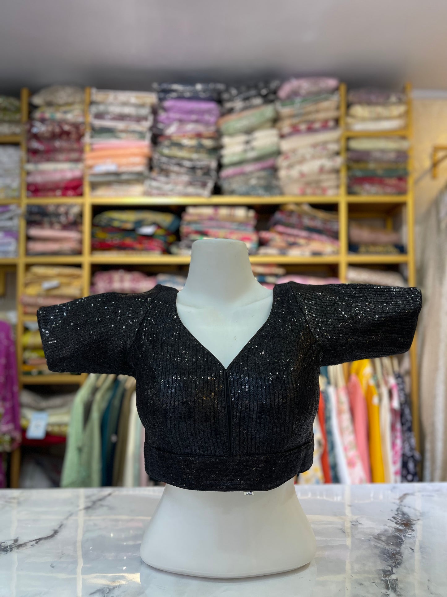 Jet Sequin Embellished Deep V-Neck Blouse