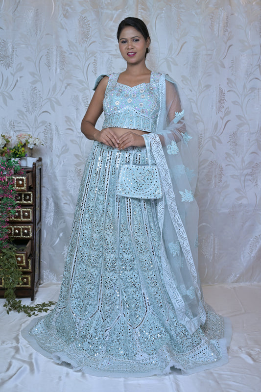 Icy Blue Sequin Lehenga Set with Bag