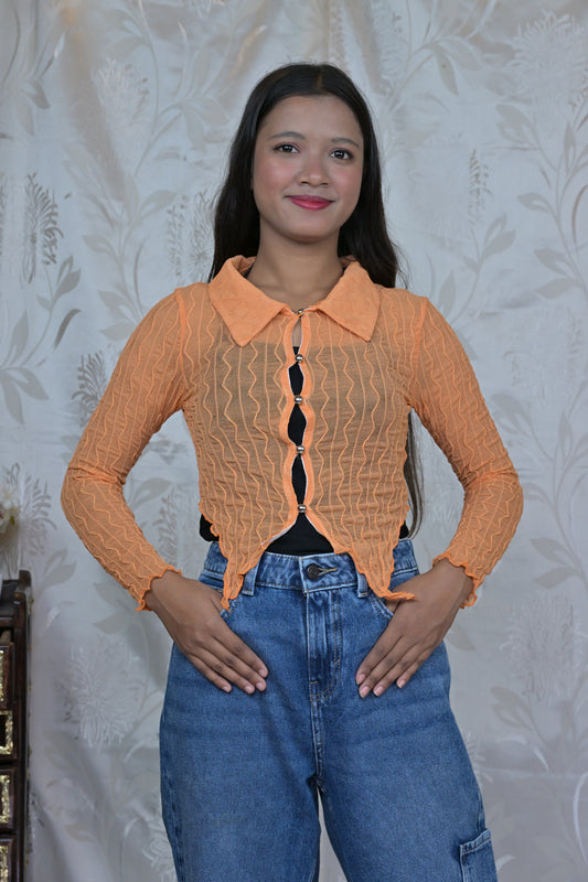 Orange Mesh Crop Top with Collar & Front Hook Detail