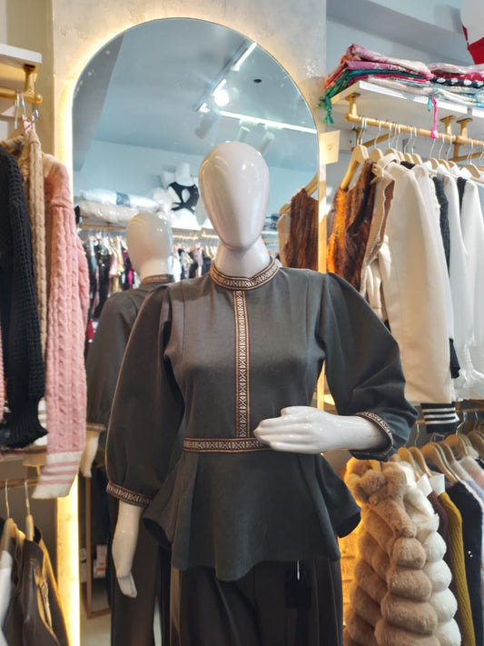 Tribal Essence" Peplum Top with Geometric Trim