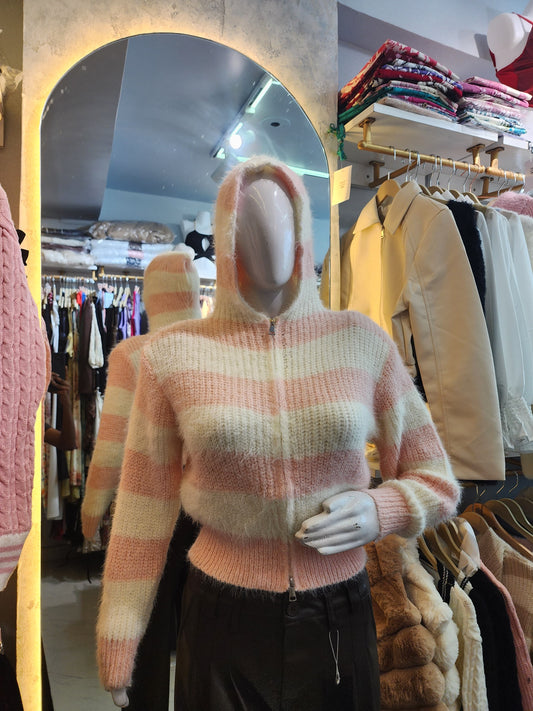 Striped Cropped Knit Hoodie Jacket with zipper