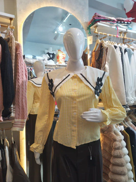 Gingham Shirt with Floral Collar