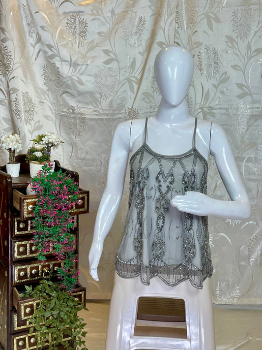 Grey Sequin & Bead Embellished Y2K Cami Top