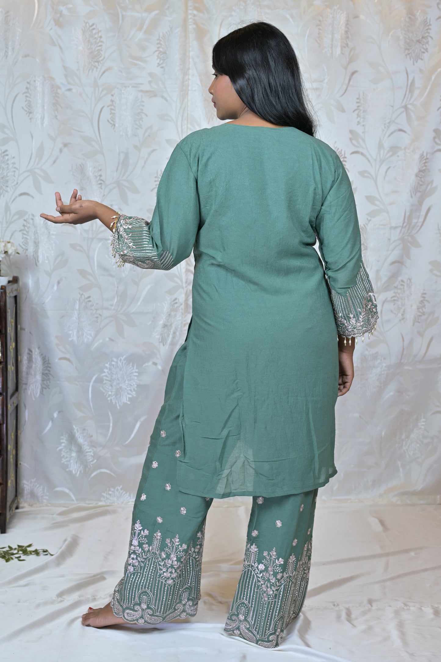 Embroidered Palazzo Suit Set with Tassel Detail