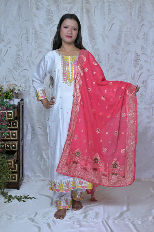 White Embroidered Suit with Pink Banarasi Dupatta