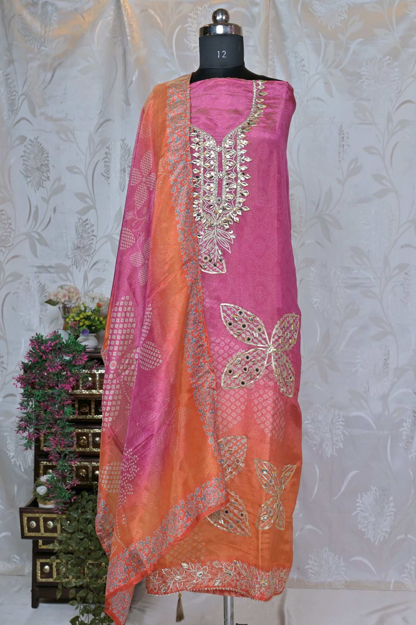 Pink & Orange Ombré Semi-Stitched Suit Material with Heavy Gota & Embroidered Detailing