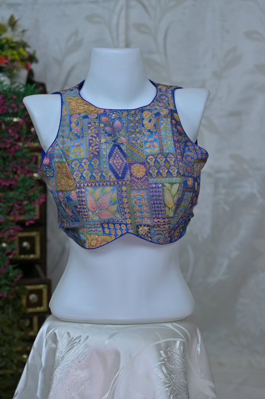 Printed Round Neck Backless Blouse