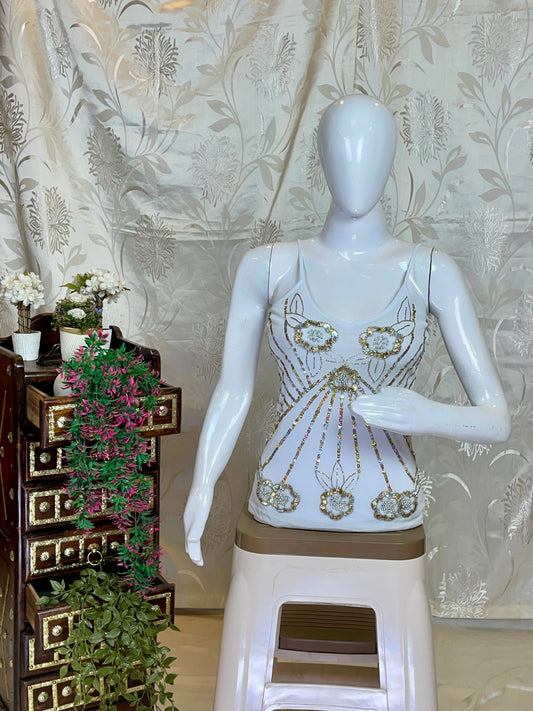 Opulent White & Gold Embellished Cami Top