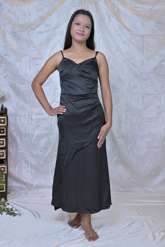 Black Solid Tiered Hem Satin Midi Dress