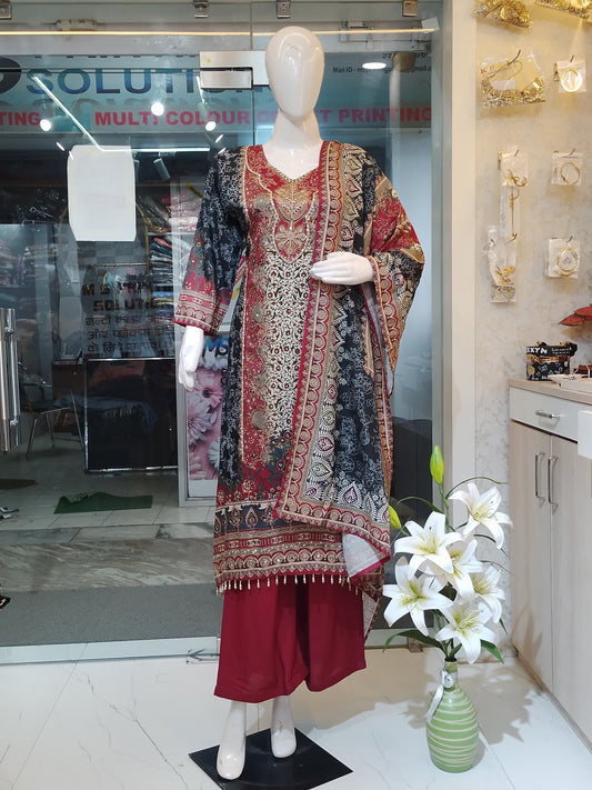 Maroon & Black Muslin Anarkali Suit with Tassels