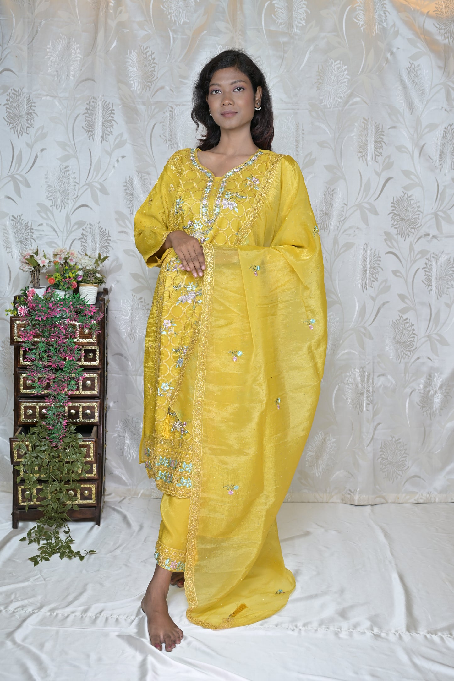 Artistic Floral Painted Kurta Set with Wrap Detail