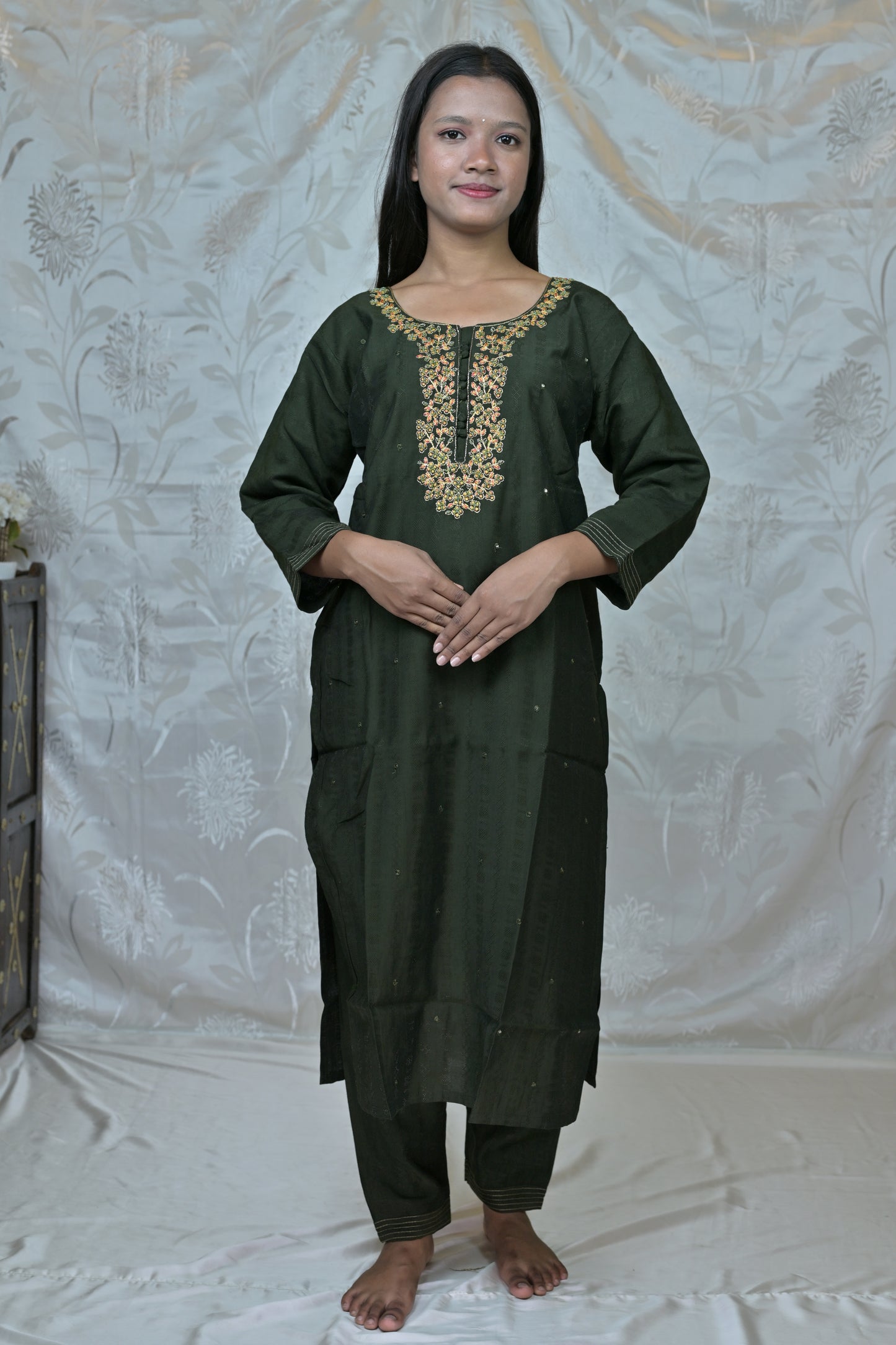 Olive Green Cotton Suit Set with Printed Dupatta