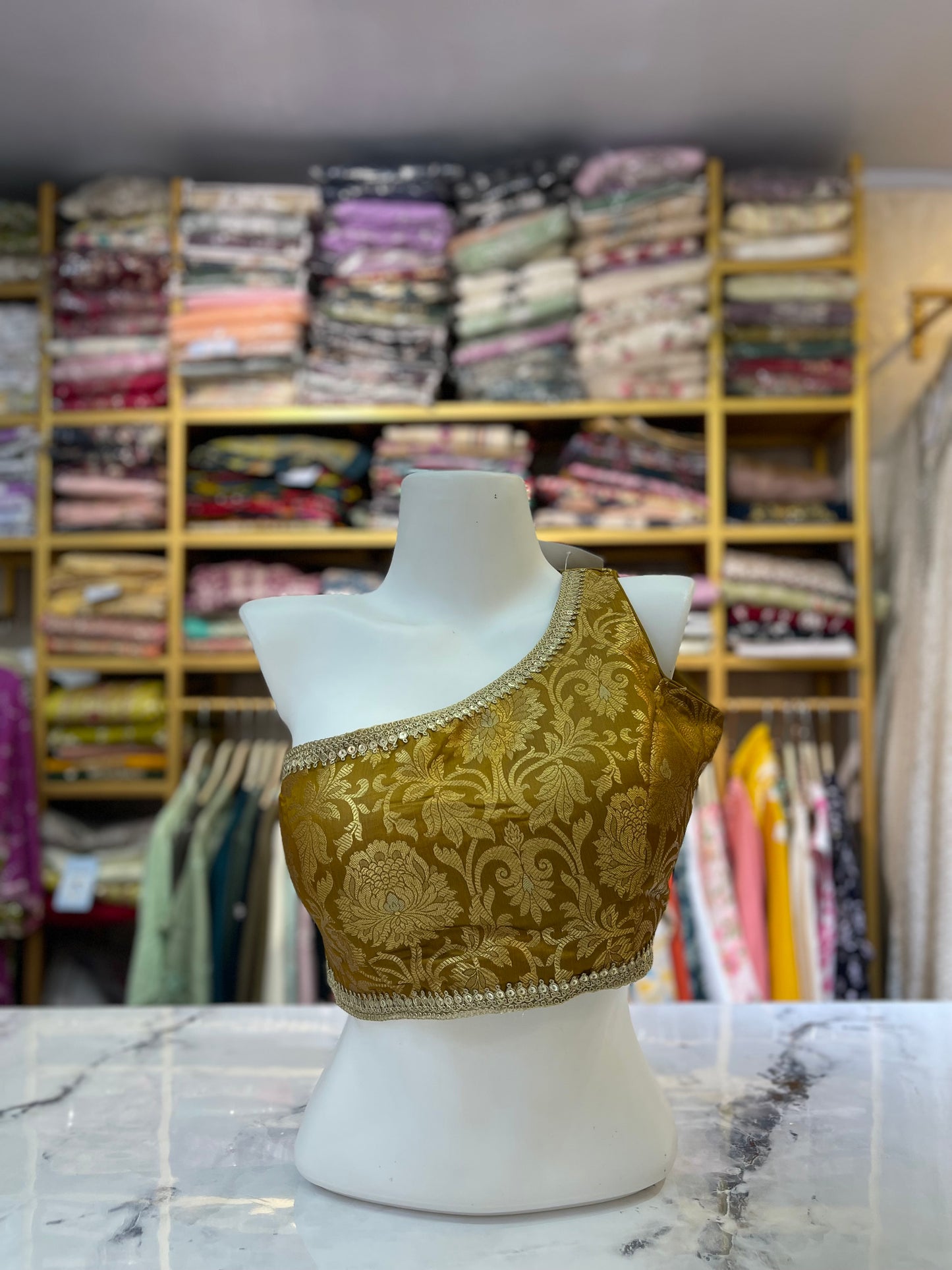 Mustard Gold Brocade One-Shoulder Designer Blouse