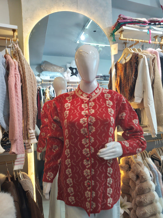 Crimson Rose" Floral Knit Cardigan