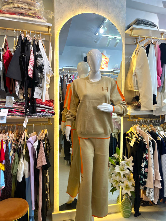 Winter Ivory" Knit Co-ord Set with Orange Trim