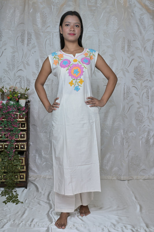 White & Multicolored Floral Hand-Painted Sleeveless Kurta with Palazzos