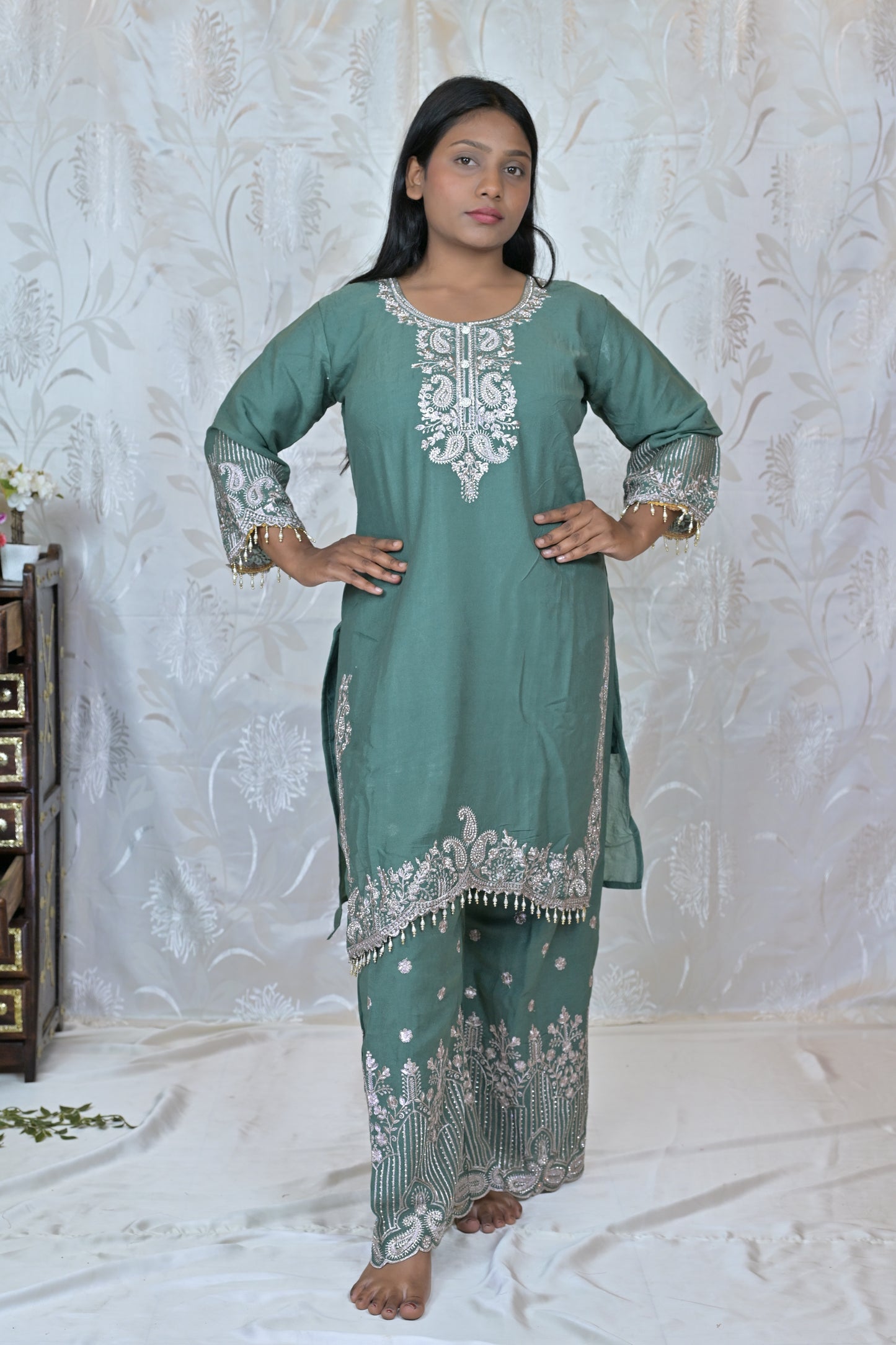 Embroidered Palazzo Suit Set with Tassel Detail