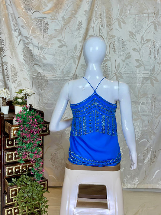 Vibrant Blue Shimmer Embellished Y2K Cami Top