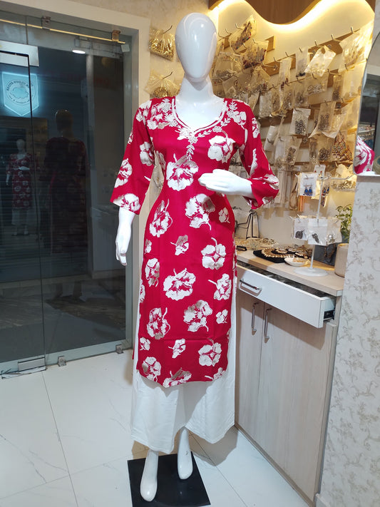 Floral Print Kurti with Embellished Yoke