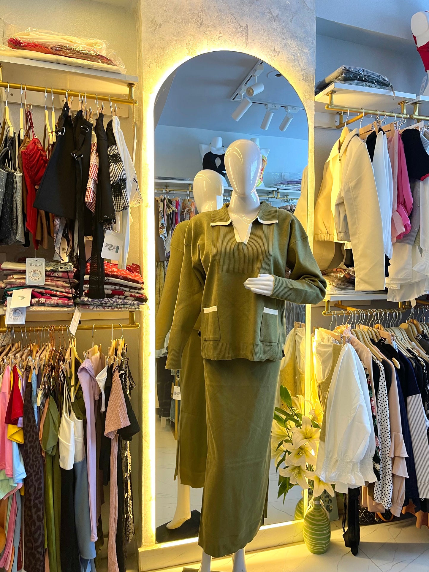 Ivy League" Olive Green Knitted Sweater & Skirt Set