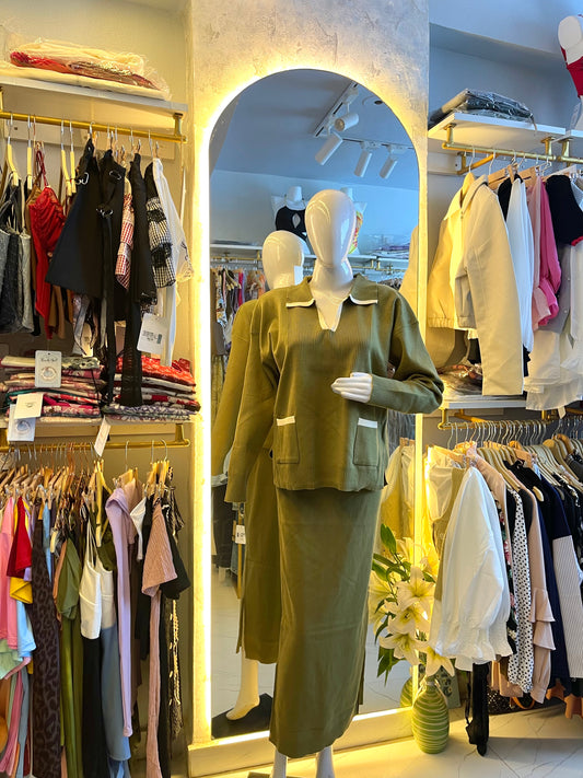 Ivy League" Olive Green Knitted Sweater & Skirt Set