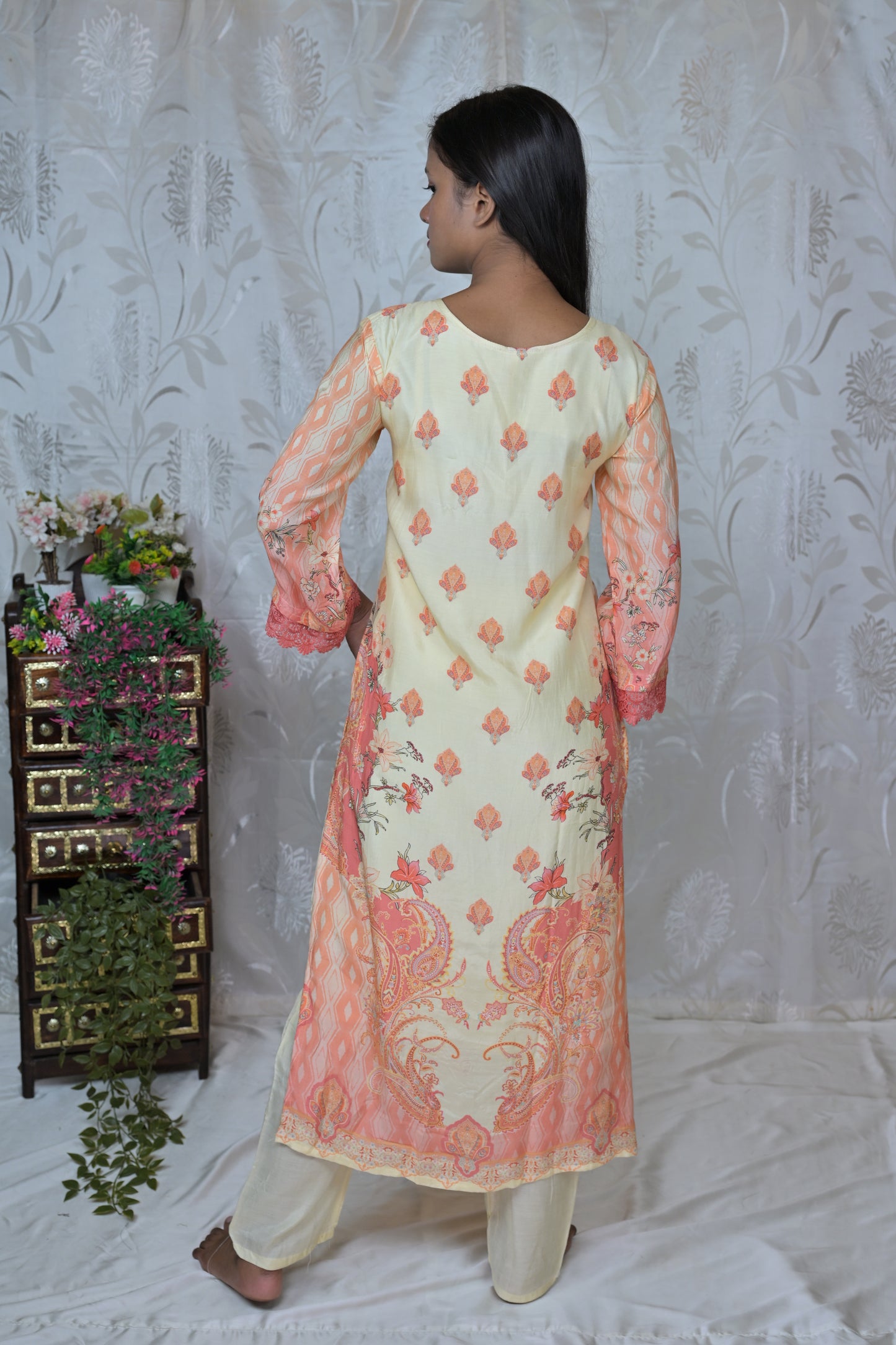 Mirror Work Muslin Kurta with Peach Dupatta