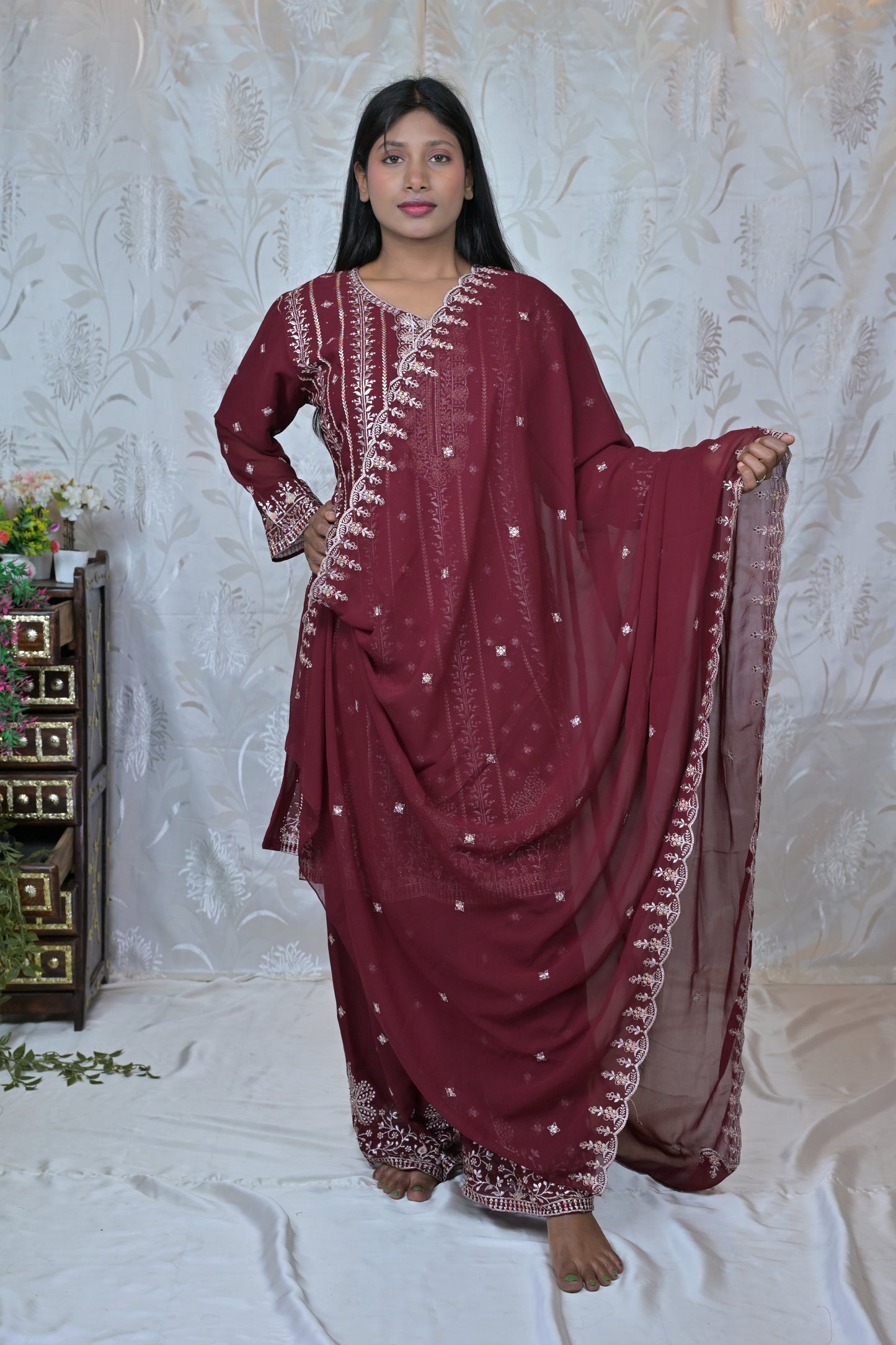 Shimmering Silver Georgette Heavy Suit Set