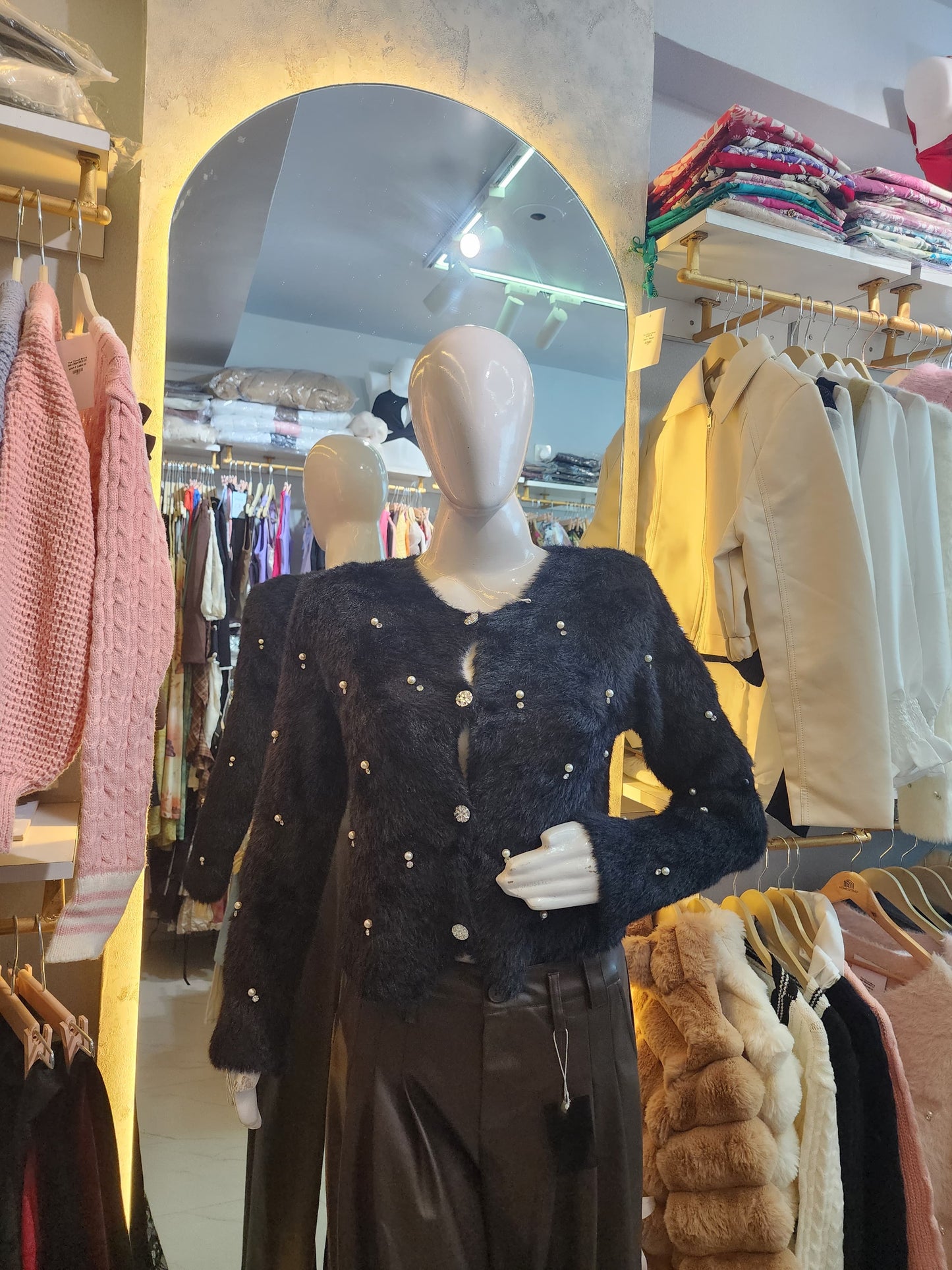 Blush Cloud" Faux Fur & Pearl Knit Cardigan