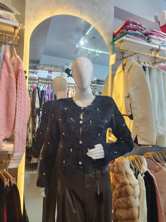 Blush Cloud" Faux Fur & Pearl Knit Cardigan