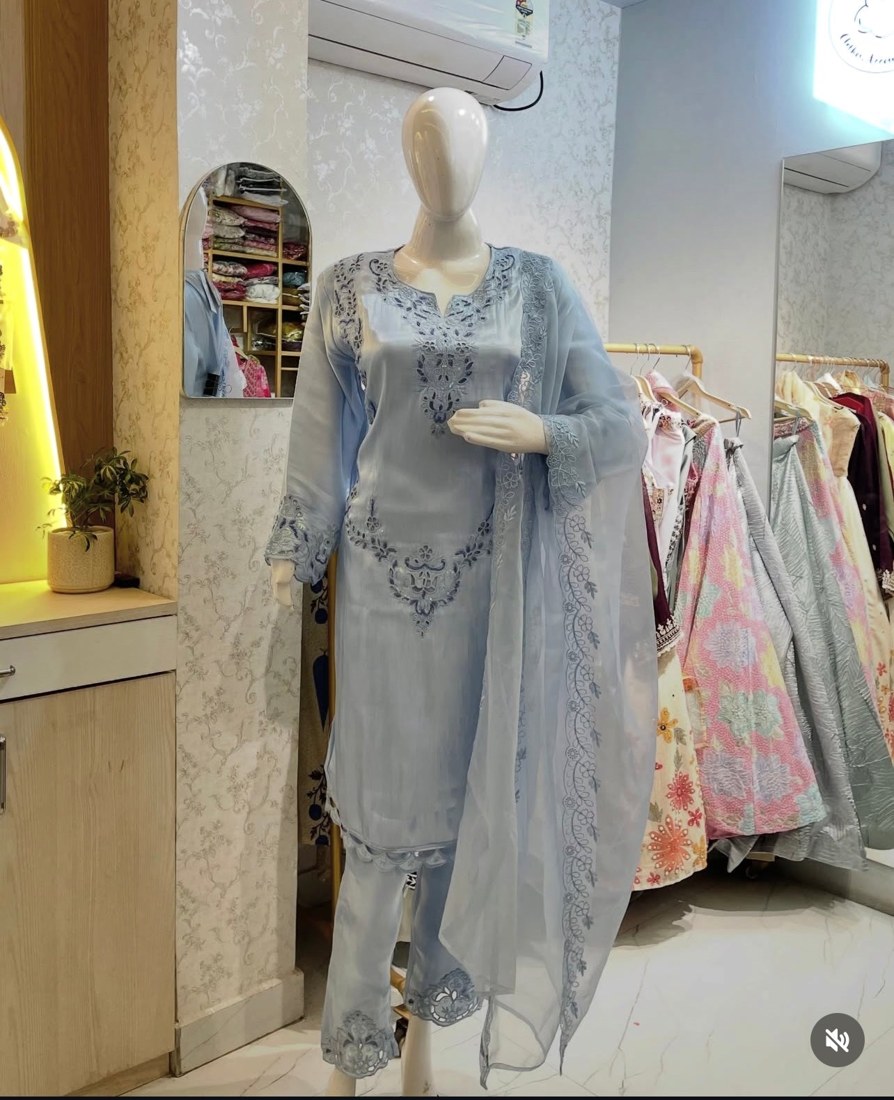 Zimichu Silk Kurta with Cutwork Embroidery & Organza Dupatta