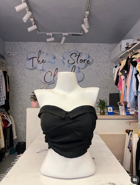 Black Ribbed Off-Shoulder Fold-Over Tube Crop Top