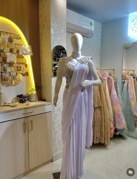 Pre-Draped Saree with Floral Embroidered Corset Blouse