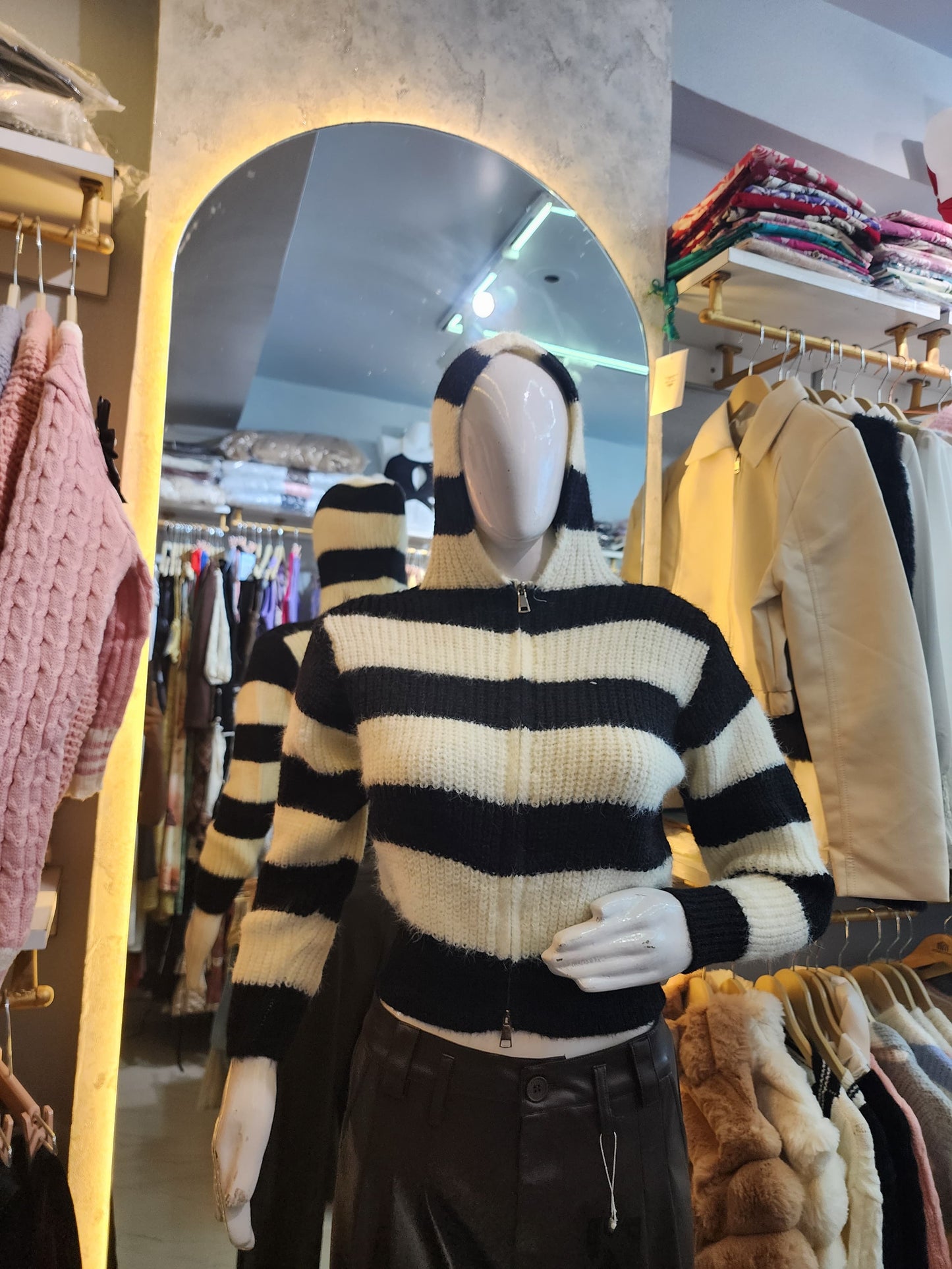 Striped Cropped Knit Hoodie Jacket with zipper