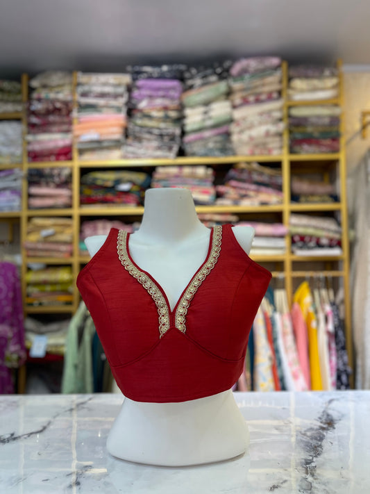 Classic Navy Blue Sleeveless Blouse with Gold Scalloped Zari Trim