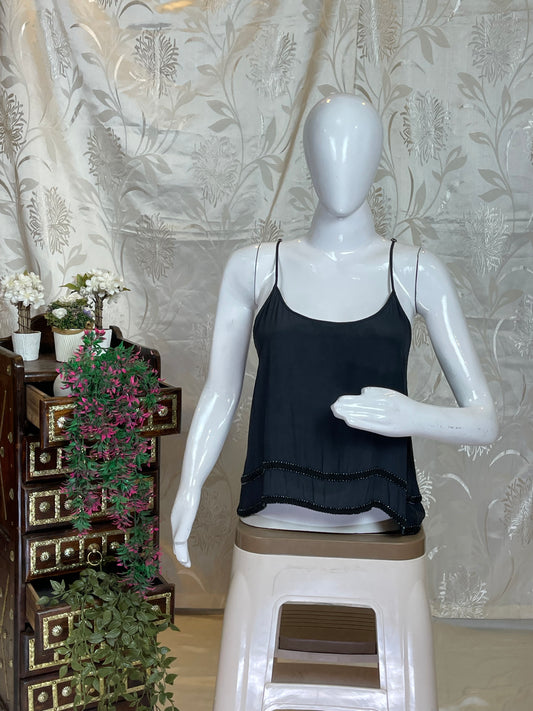 Chic Black Cami Top with Beaded Scallop Hem
