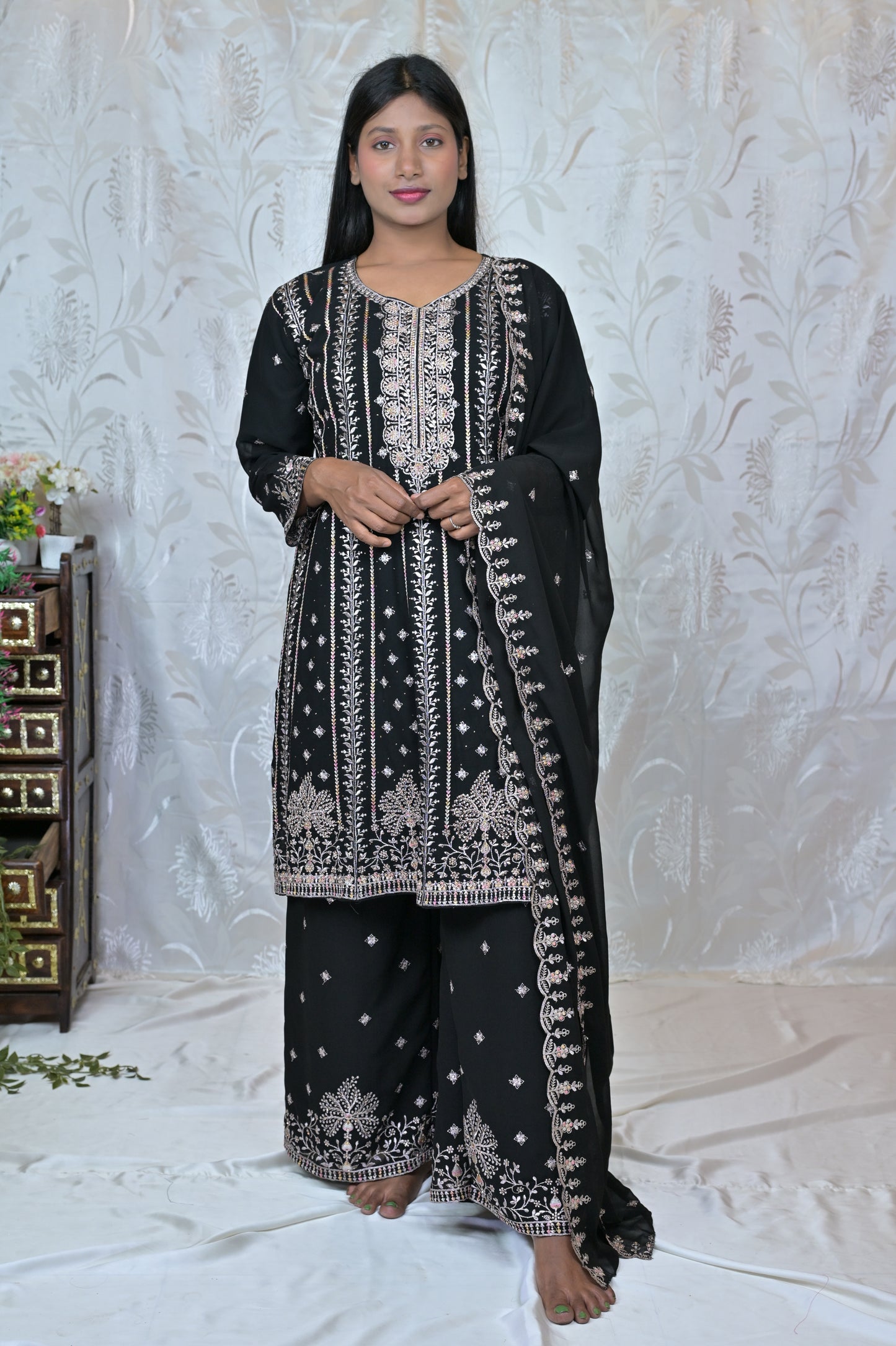 Shimmering Silver Georgette Heavy Suit Set