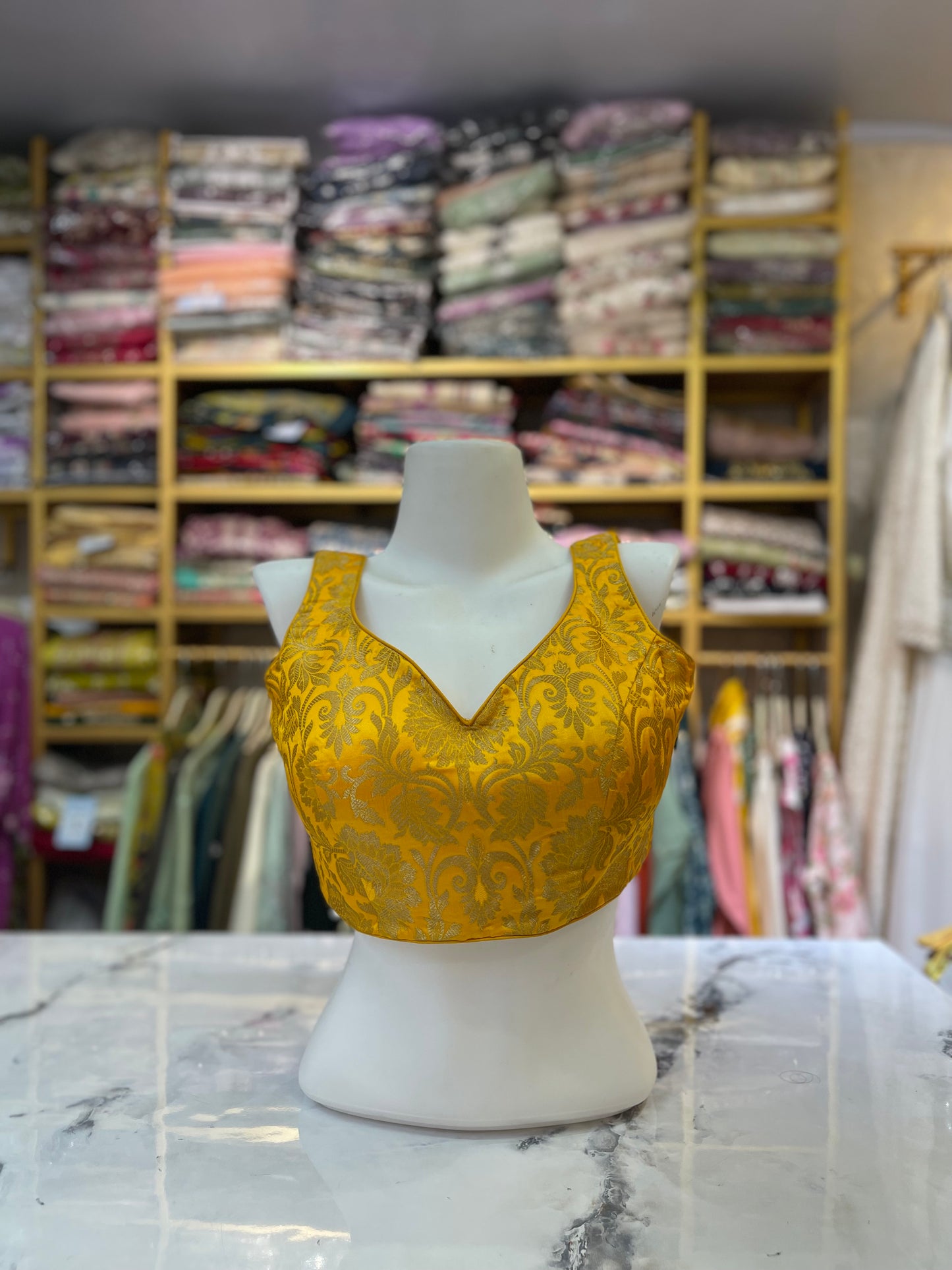 Mustard Yellow & Gold Brocade Woven Sleeveless Saree Blouse