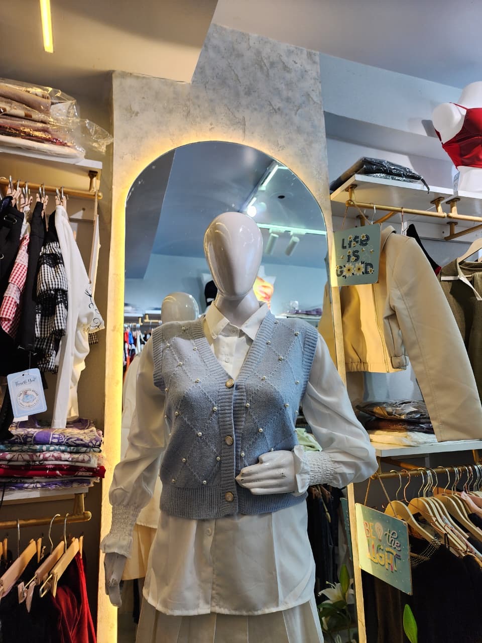 Detachable Pearl Knit Vest & Shirt Set