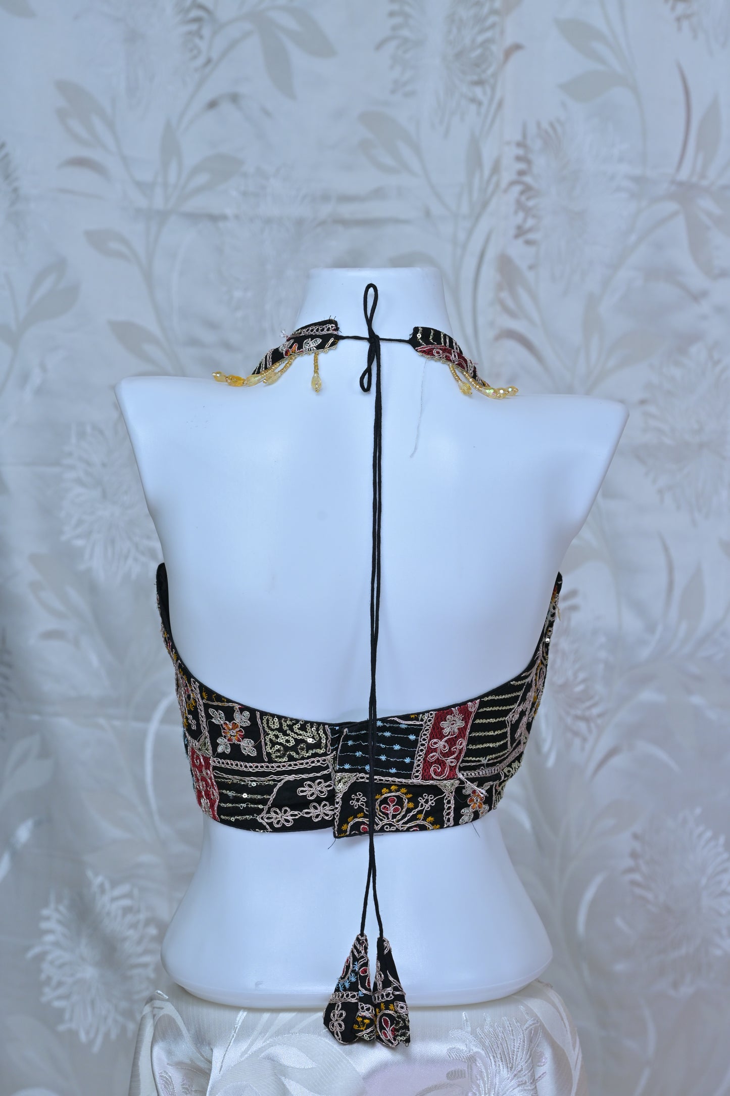 Embroidered Patchwork Halter Neck Backless Blouse
