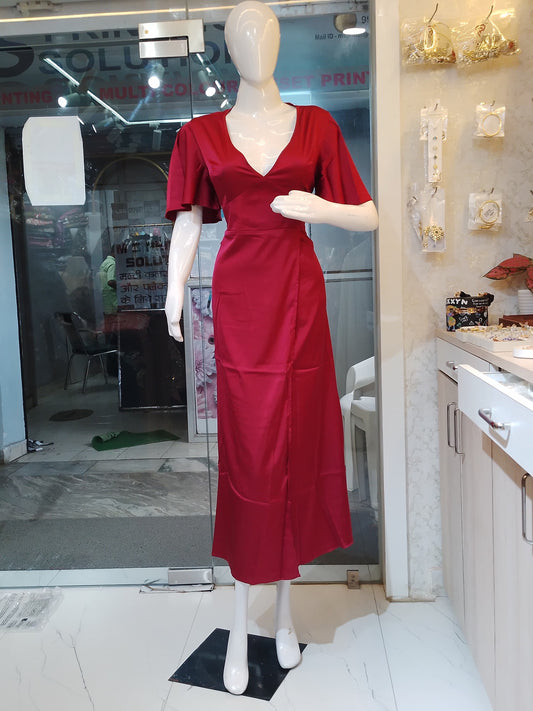 Red Satin Wrap-Style Midi Dress